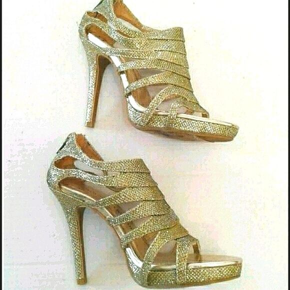 Chinese Laundry Gold Sparkly Night Out Party Open Toe Strappy Platform Heels - Picture 1 of 9